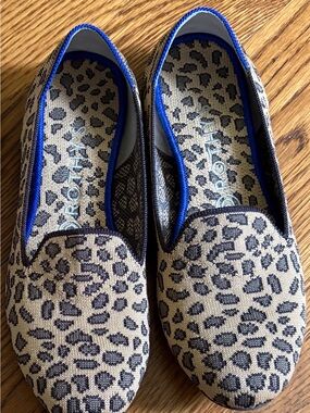 Rothy's Leopard-Print Slip-On Flats in Tan, Black & Blue Trim